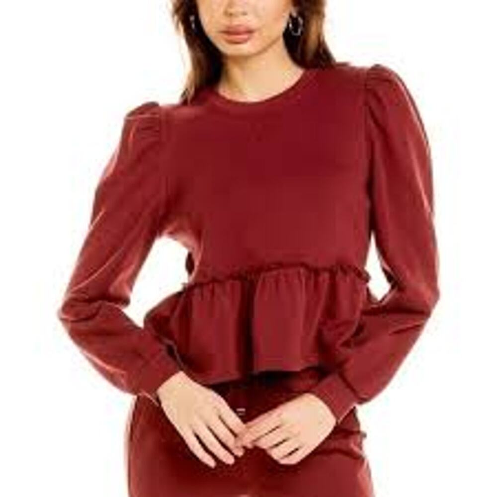 CAMI NYC Lyra French Terry Ruffle Sweatshirt Top Puff Sleeve Peplum Size Small S